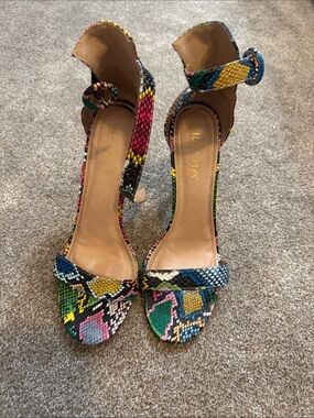 Multicolor Snake-Print Ankle Strap Heels